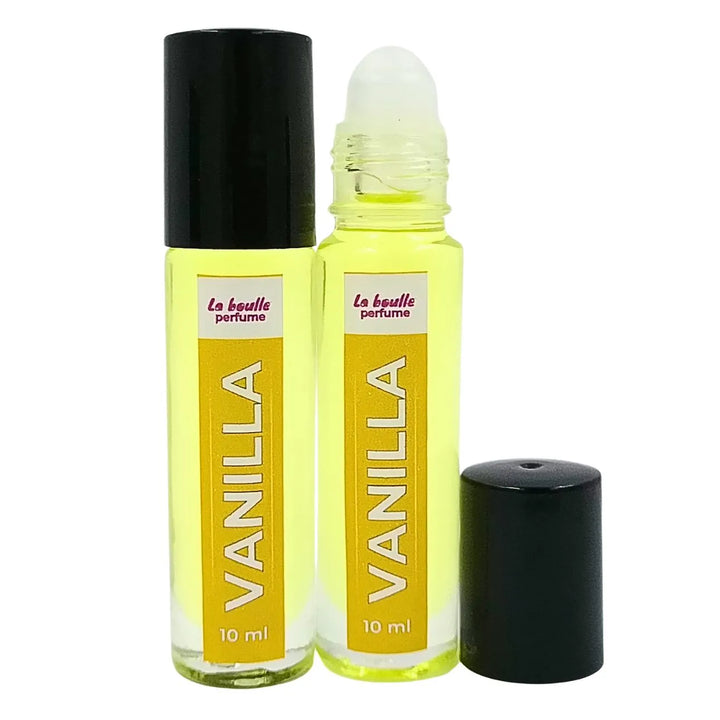 Vanilla roll-on perfume bottles La Boulle with black caps on a white background