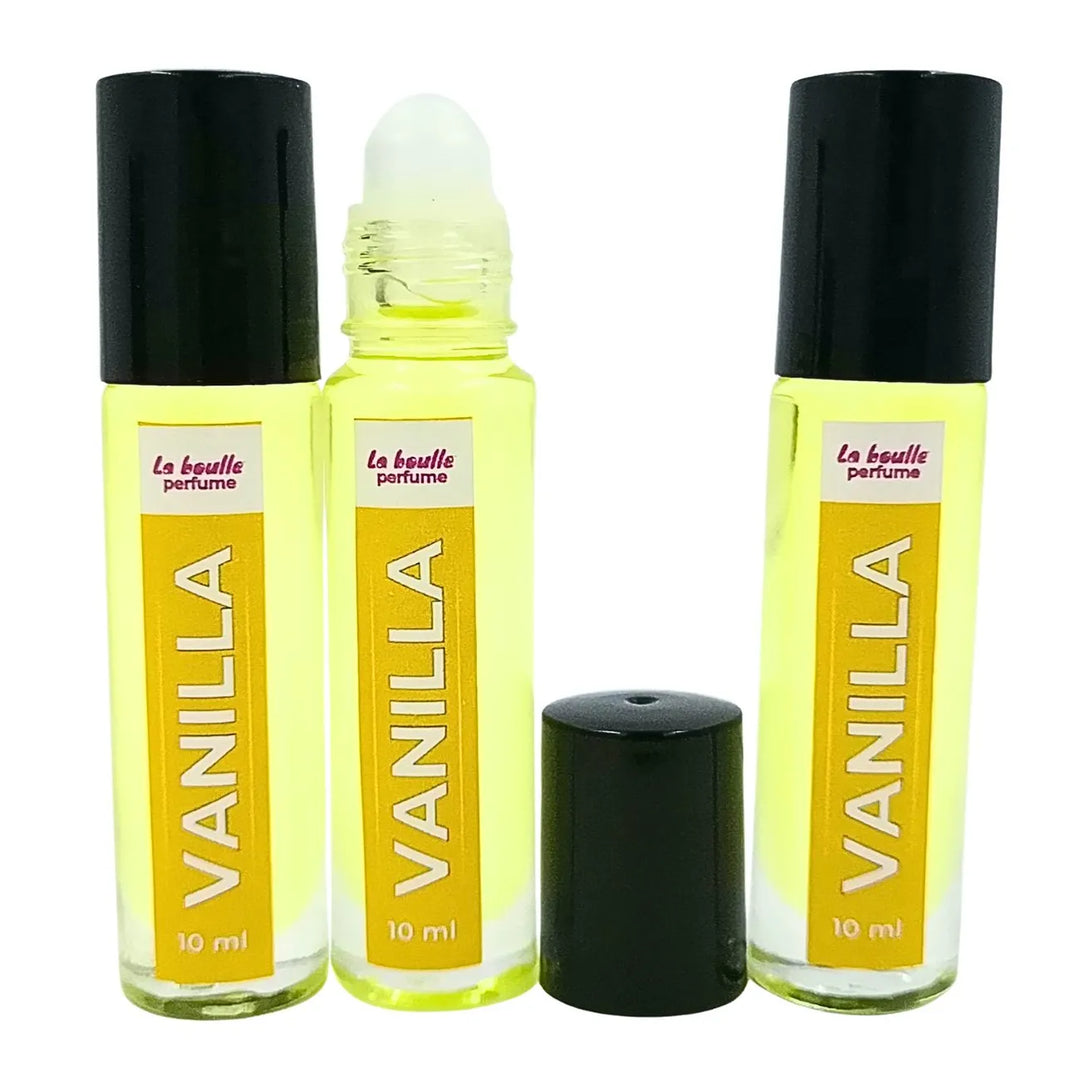 Vanilla roll-on perfume bottles La Boulle with black caps on a white background