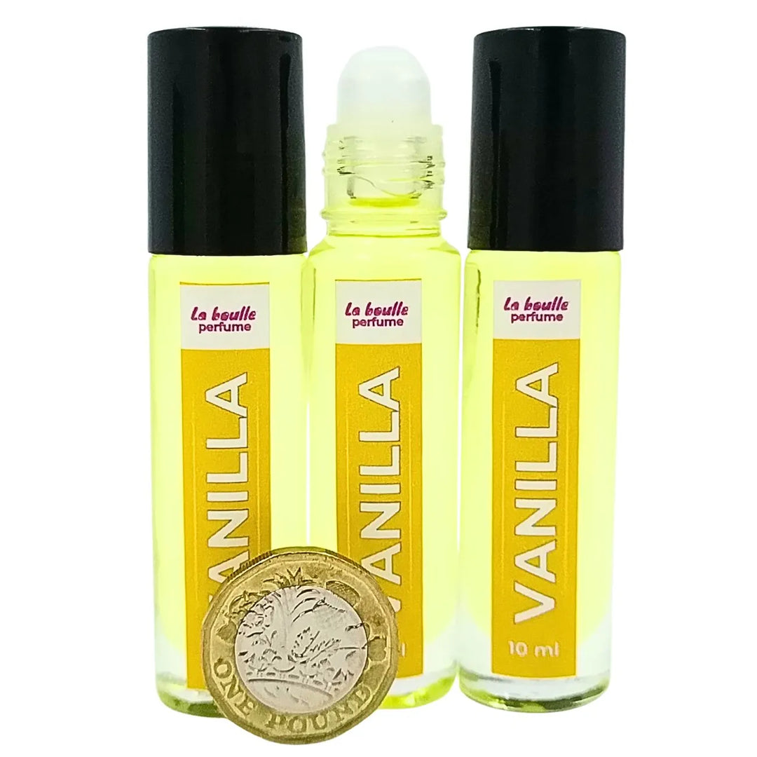 Vanilla roll-on perfume bottles La Boulle with black caps on a white background