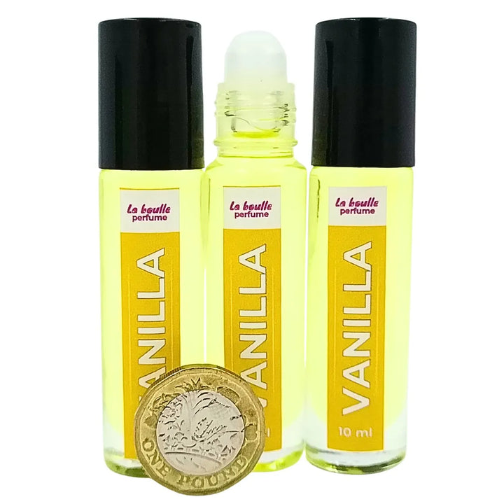 Vanilla roll-on perfume bottles La Boulle with black caps on a white background