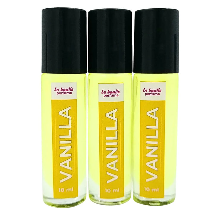 Vanilla roll-on perfume bottles La Boulle with black caps on a white background
