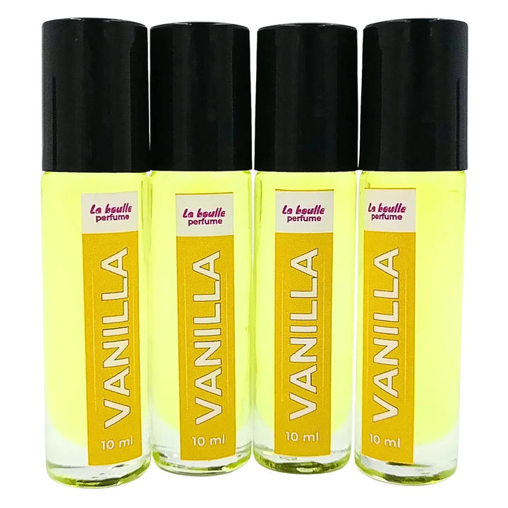 Vanilla roll-on perfume bottles La Boulle with black caps on a white background