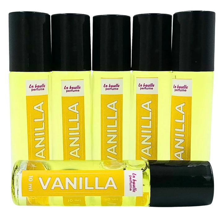 Vanilla roll-on perfume bottles La Boulle with black caps on a white background