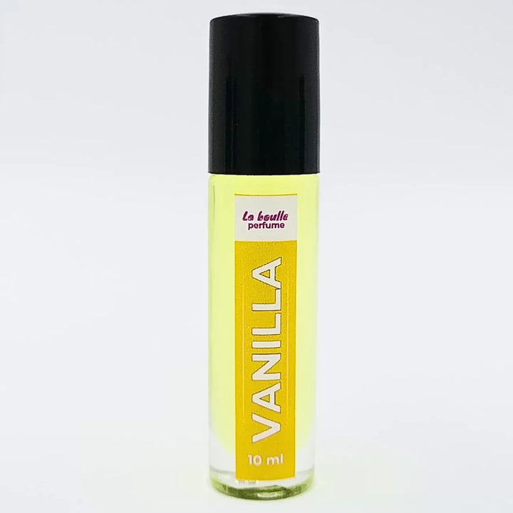 Vanilla roll-on perfume bottles La Boulle with black caps on a white background