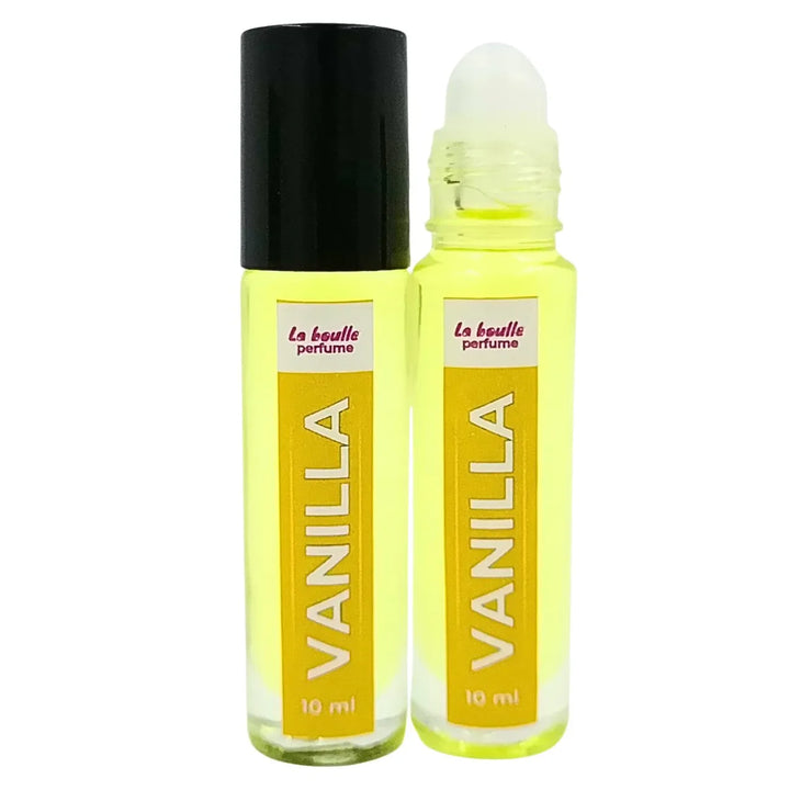 Vanilla roll-on perfume bottles La Boulle with black caps on a white background