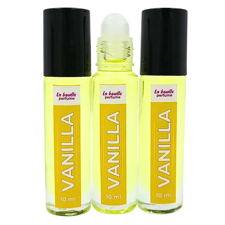 Vanilla roll-on perfume bottles La Boulle with black caps on a white background