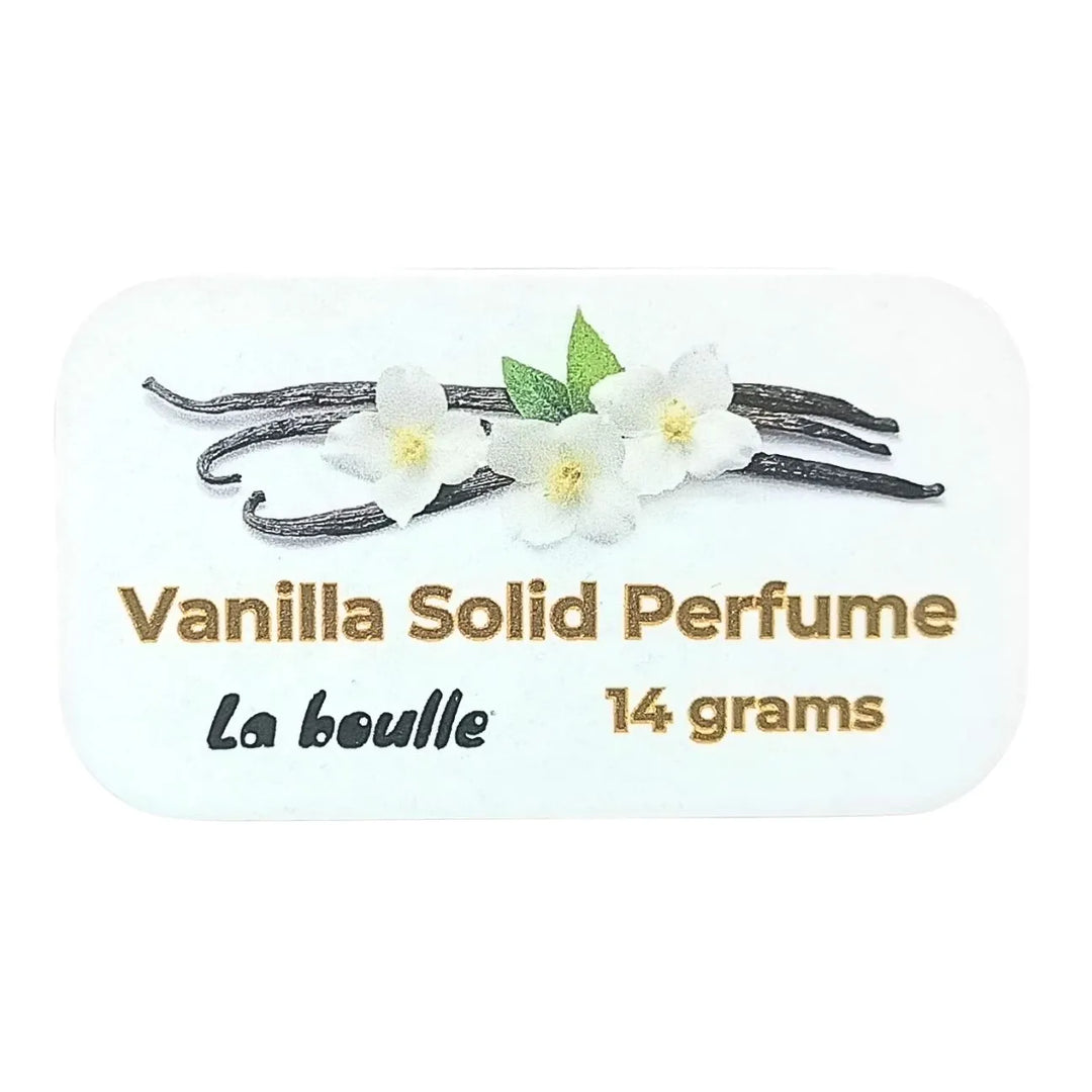 Vanilla solid natural perfume balm, La Boulle, on a white background