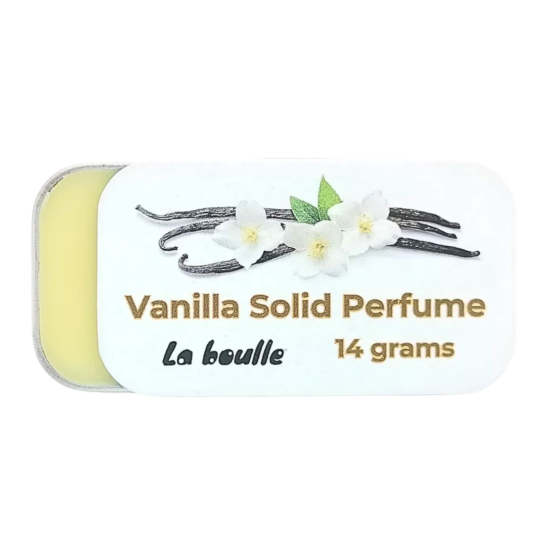 Vanilla solid natural perfume balm, La Boulle, on a white background