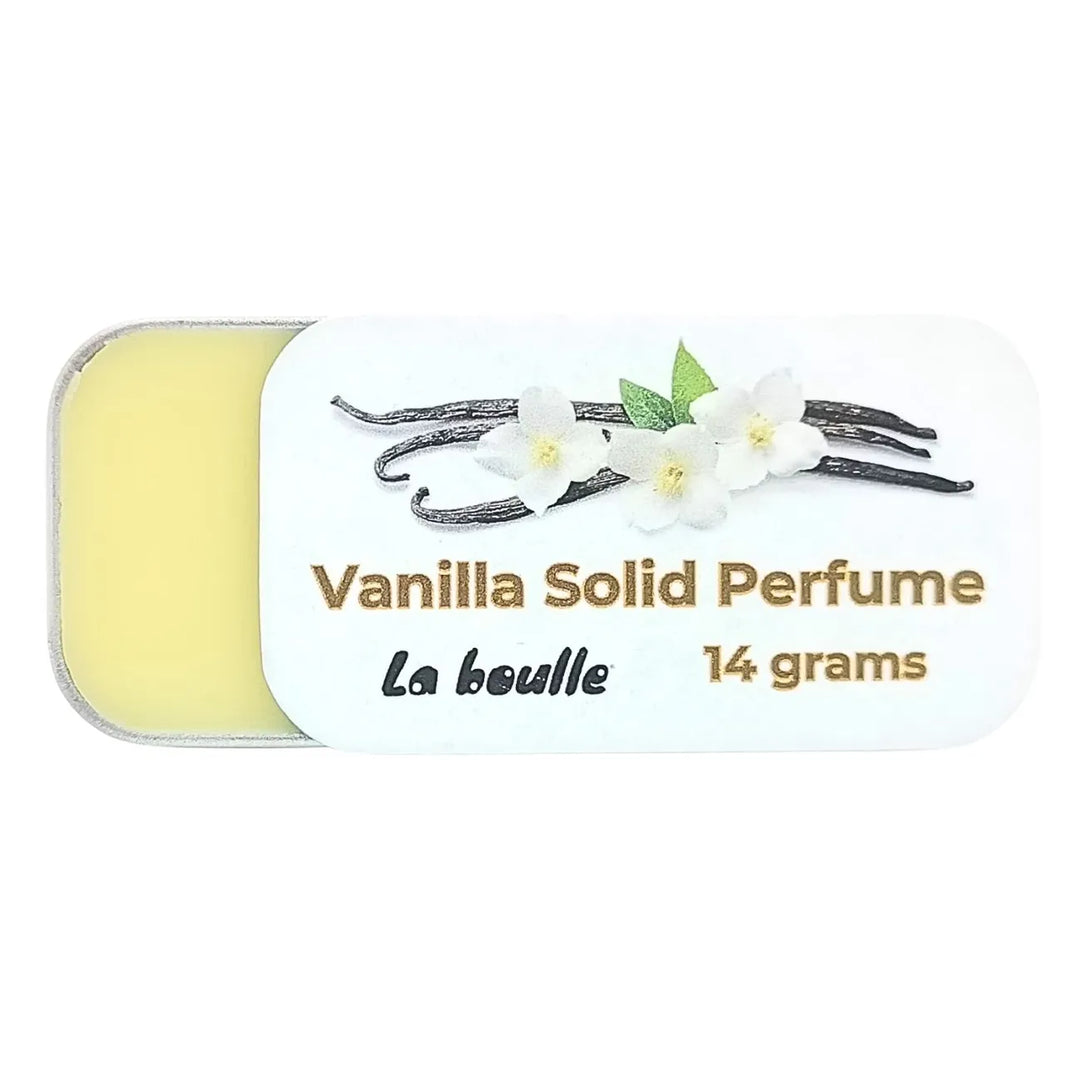 Vanilla solid natural perfume balm, La Boulle, on a white background