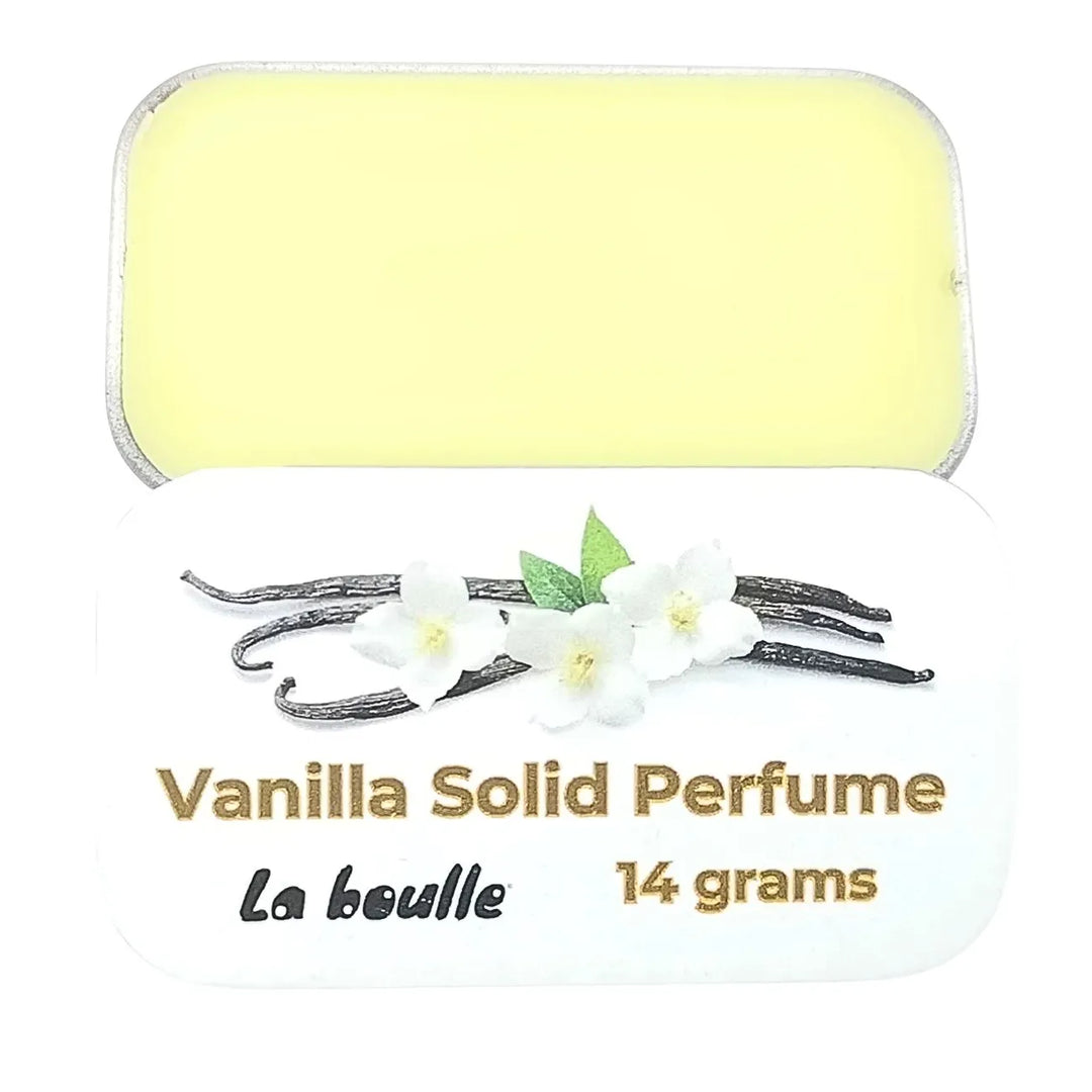 Vanilla solid natural perfume balm, La Boulle, on a white background