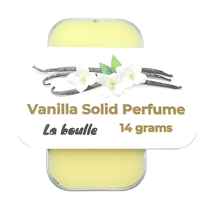 Vanilla solid natural perfume balm, La Boulle, on a white background