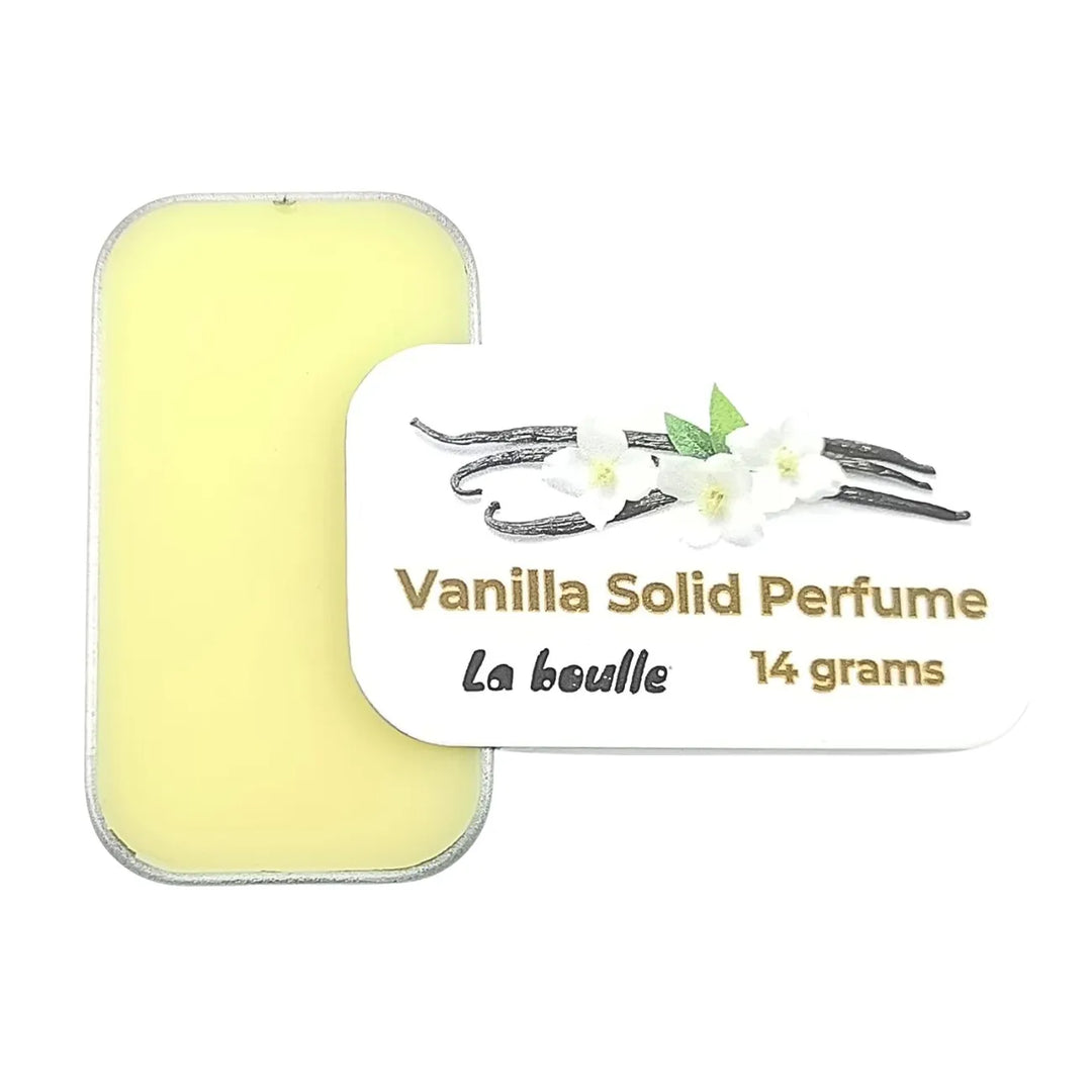 Vanilla solid natural perfume balm, La Boulle, on a white background
