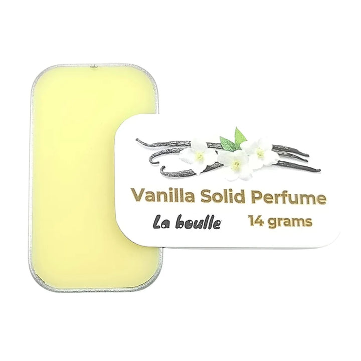 Vanilla solid natural perfume balm, La Boulle, on a white background