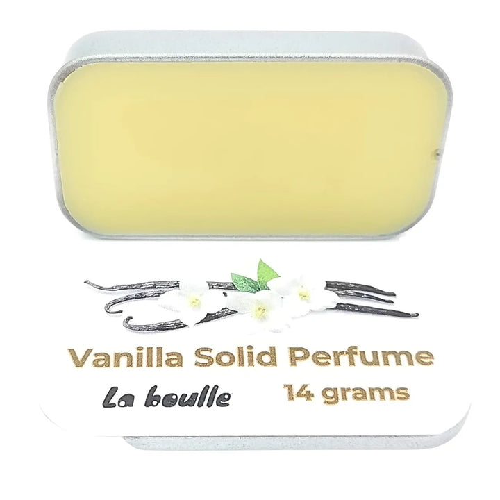 Vanilla solid natural perfume balm, La Boulle, on a white background